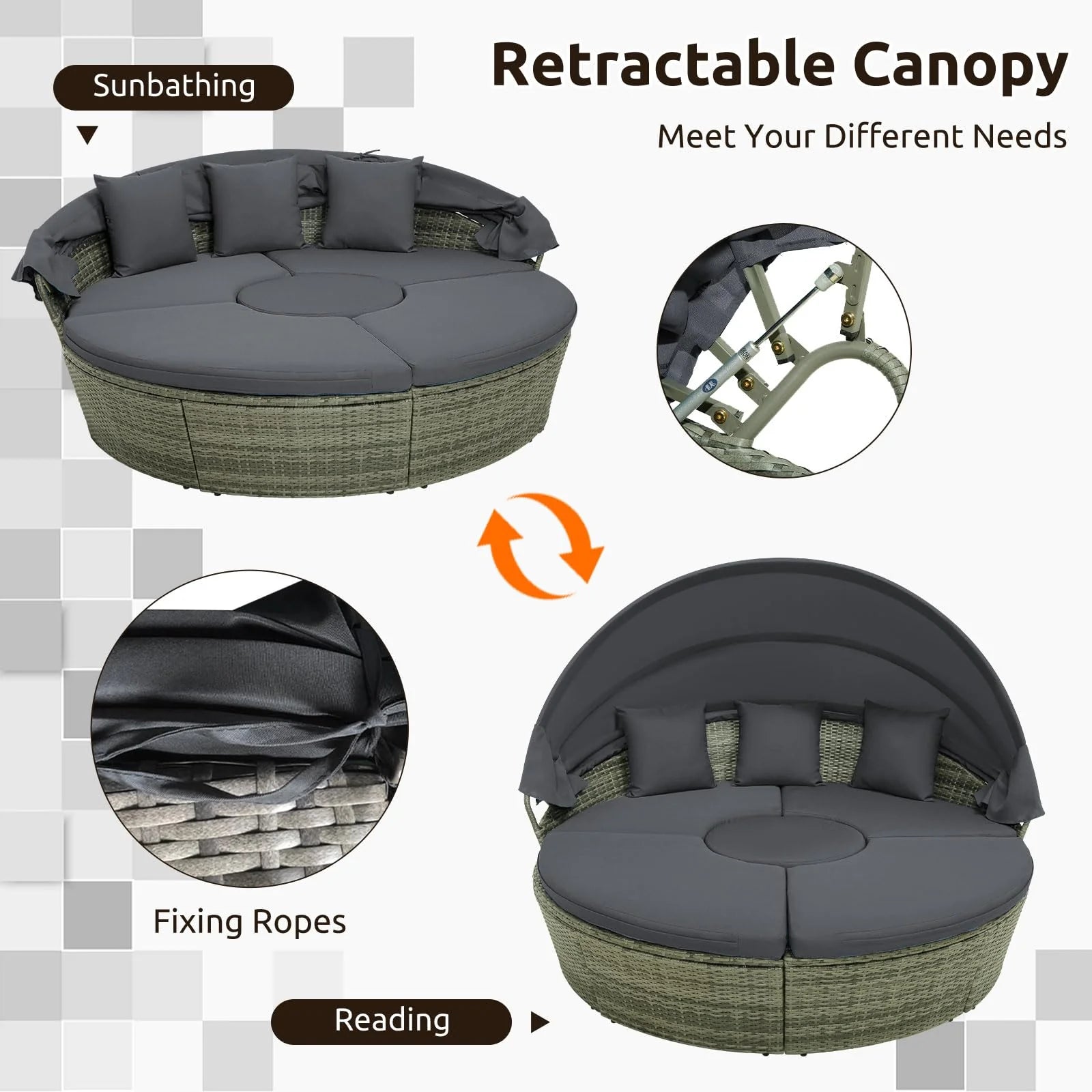 Tangkula Patio Round Daybed with Retractable Canopy(Grey)
