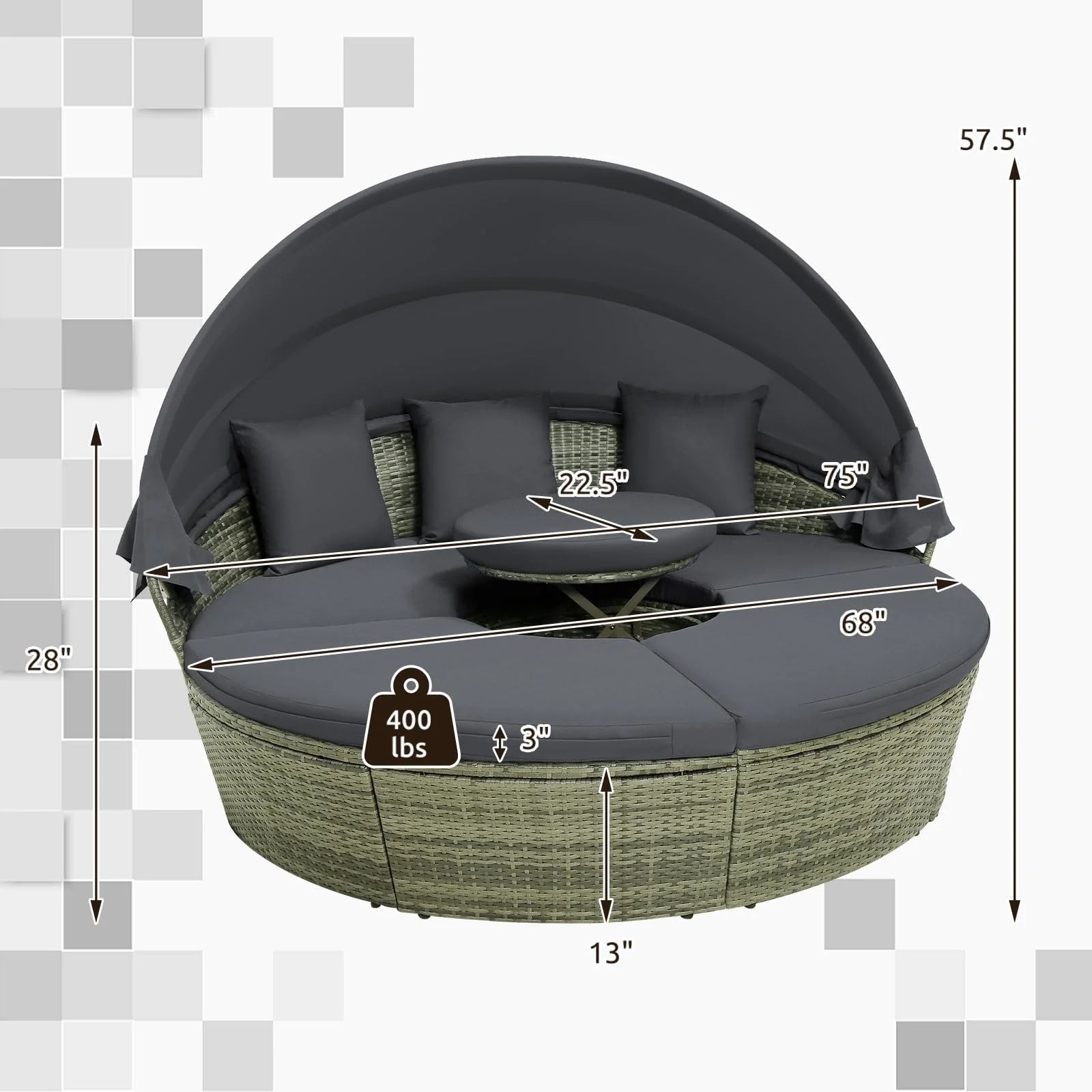 Tangkula Patio Round Daybed with Retractable Canopy(Grey)