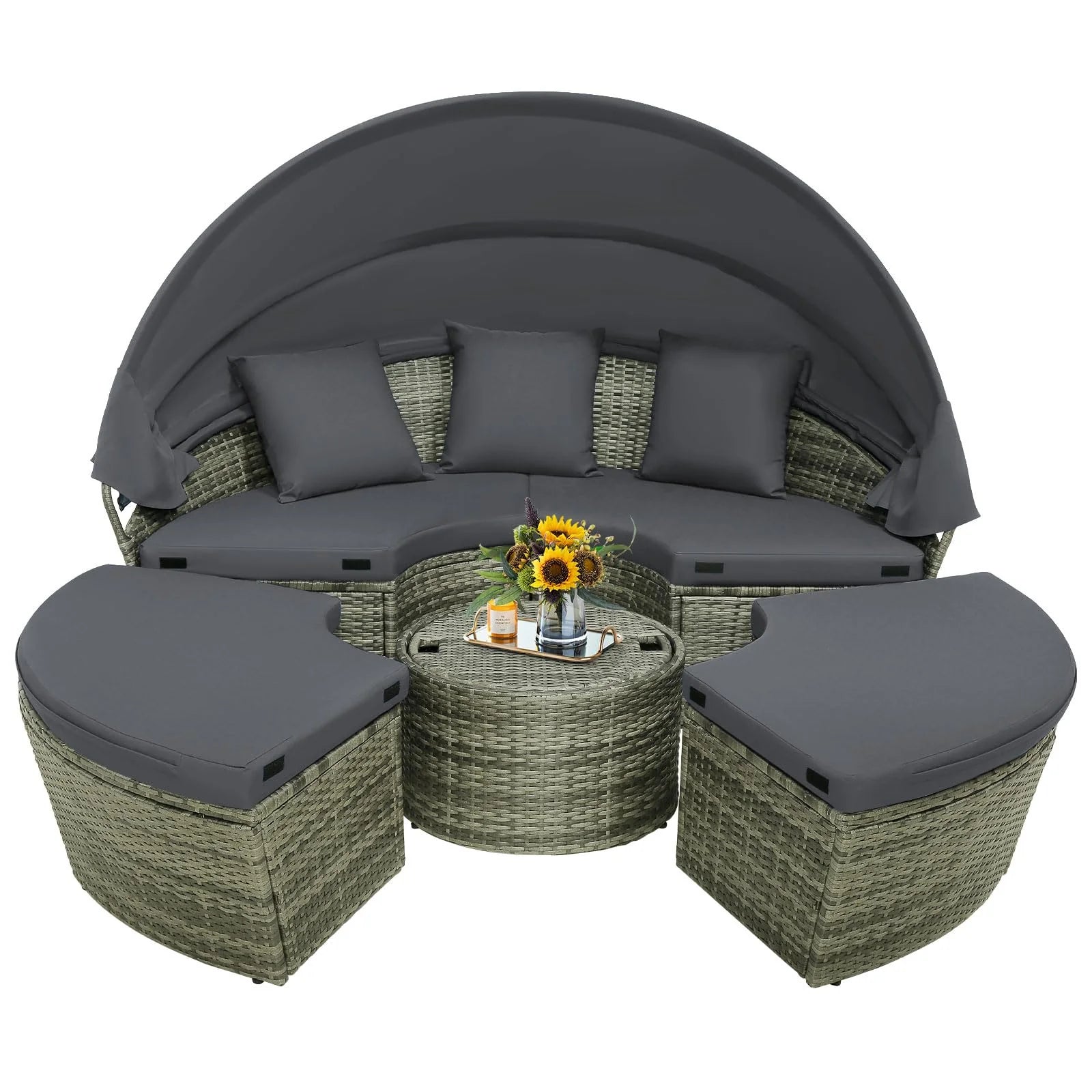 Tangkula Patio Round Daybed with Retractable Canopy(Grey)