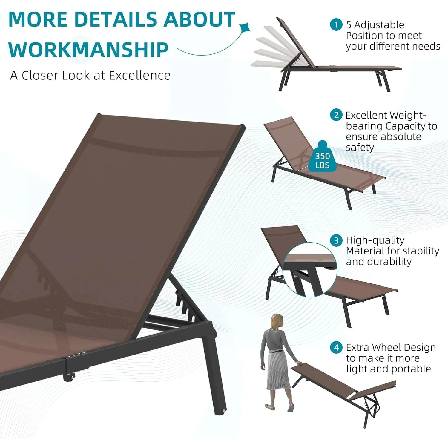 AECOJOY Patio Lounge Chairs, Outdoor Chaise Lounge with Wheels, Brown
