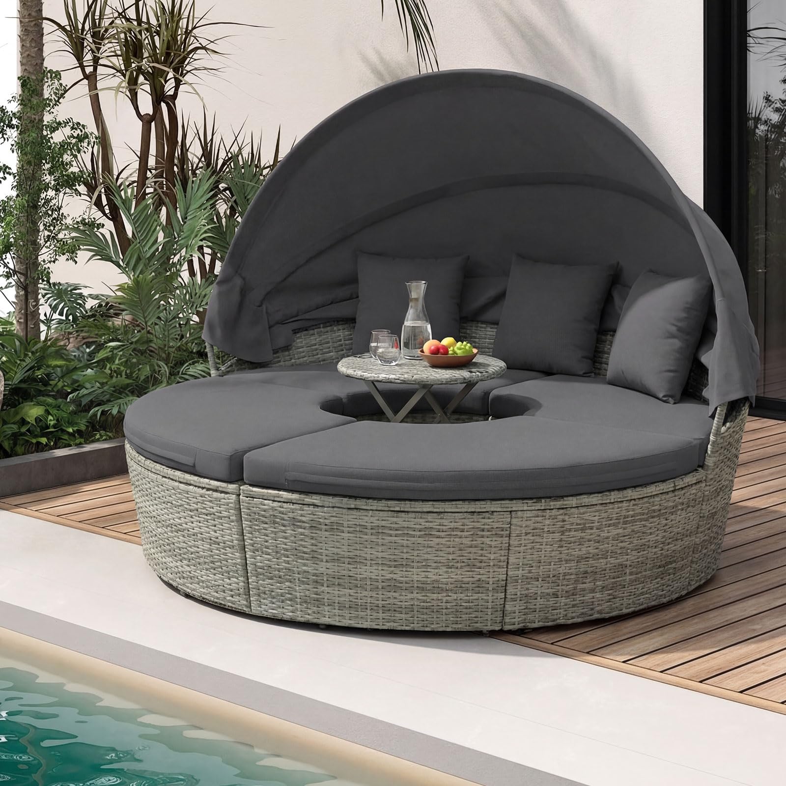 Tangkula Patio Round Daybed with Retractable Canopy(Grey)